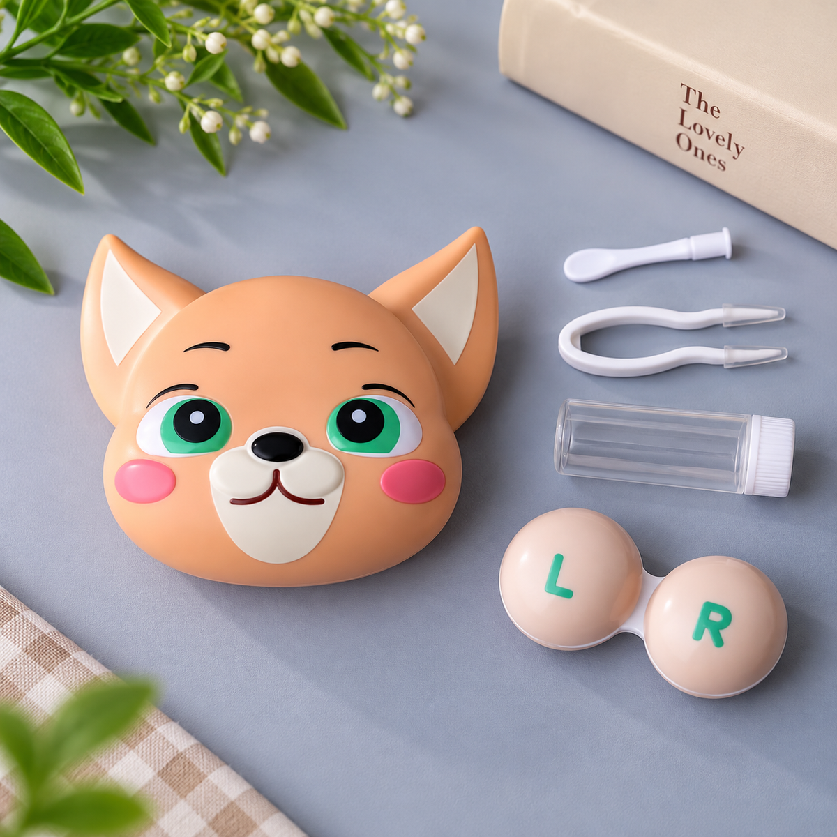 Cute Fox Lens Travel Kit - Cat Face Lens Case With Applicator + Tweezer + Tube | Lens Studio