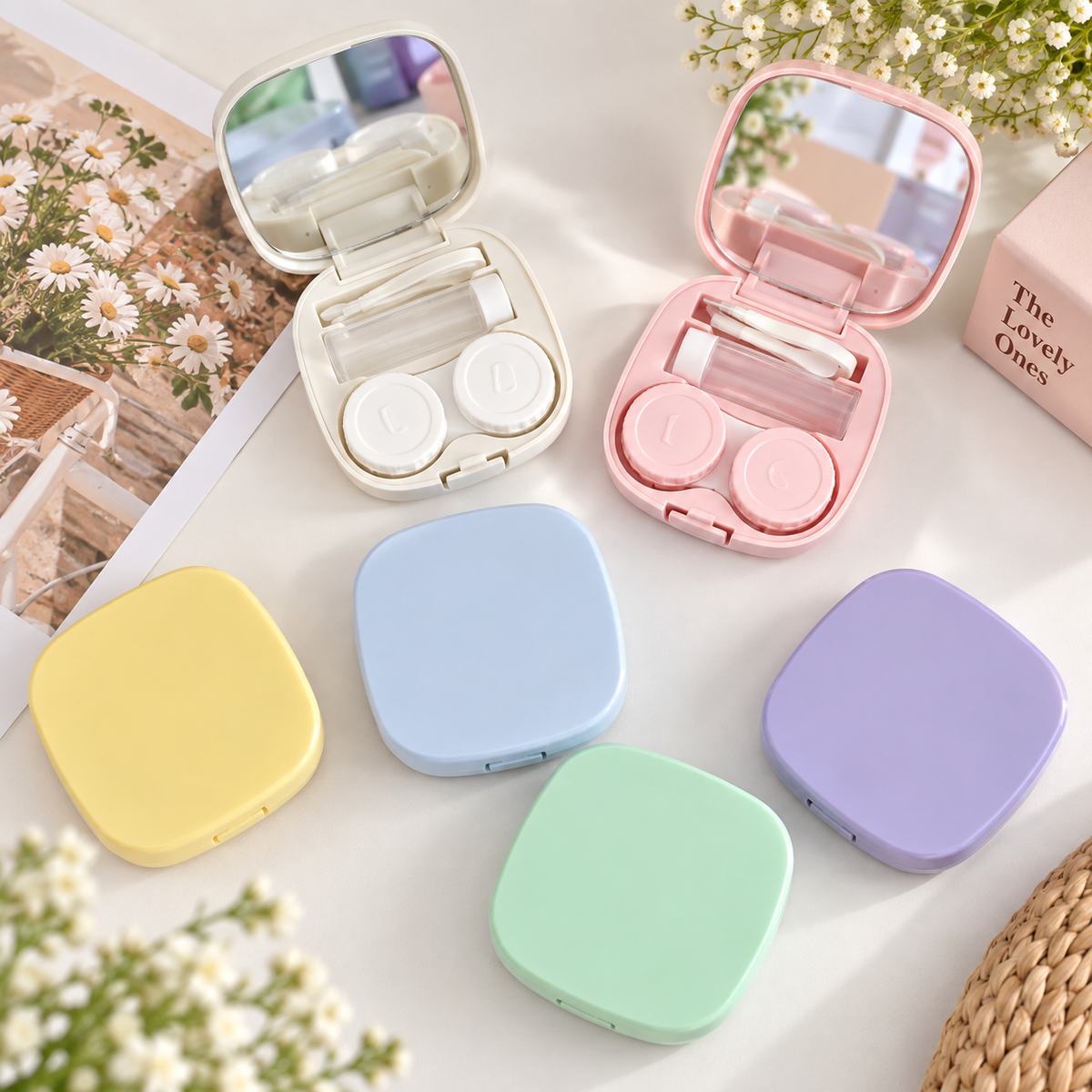 Pastel Square Lens Travel Kit LB-1191 - Lens Case With Mirror + Bottle + Tweezer | 6 Colors | Lens Studio